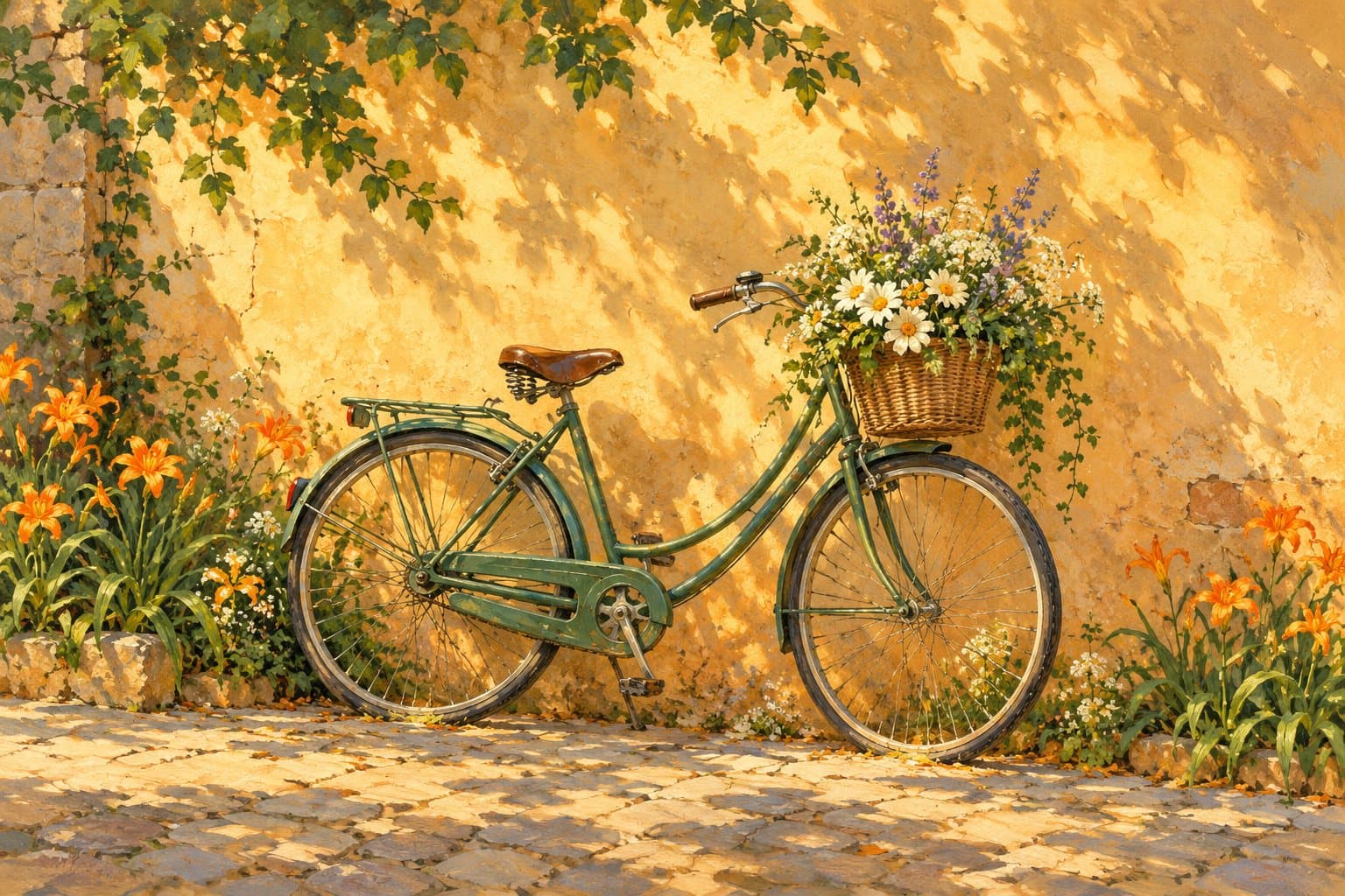 A bicycle with a basket of flowers
