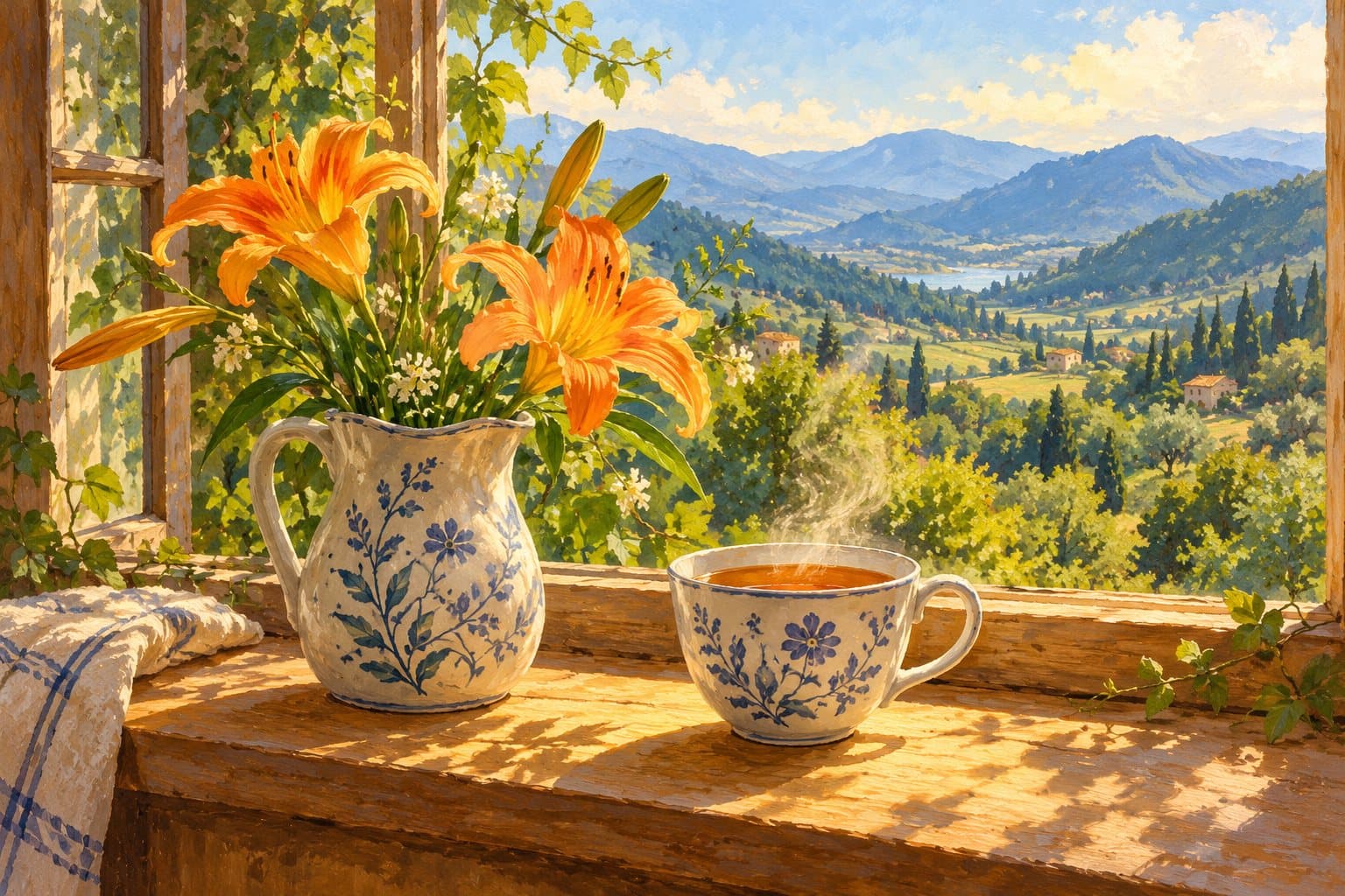 A cup of tea on a sunny windowsill